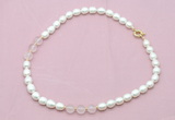 CFN322 9 - 10mm rice white freshwater pearl & rose quartz necklace wholesale