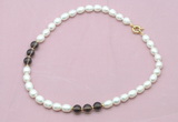 CFN323 9 - 10mm rice white freshwater pearl & smoky quartz necklace wholesale