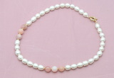 CFN324 9 - 10mm rice white freshwater pearl & pink opal necklace wholesale