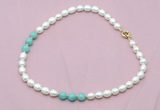 CFN325 9 - 10mm rice white freshwater pearl & amazonite necklace wholesale