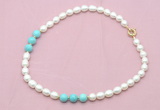 CFN326 9 - 10mm rice white freshwater pearl & blue howlite necklace wholesale