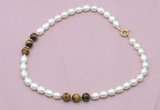 CFN328 9 - 10mm rice white freshwater pearl & yellow tiger eye necklace wholesale