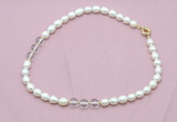 CFN331 9 - 10mm rice white freshwater pearl & white crystal necklace wholesale