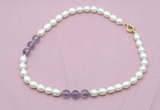 CFN332 9 - 10mm rice white freshwater pearl & amethyst necklace wholesale