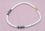 CFN333 9 - 10mm rice white freshwater pearl & dogtooth amethyst necklace wholesale