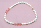 CFN334 9 - 10mm rice white freshwater pearl & cherry quartz necklace wholesale