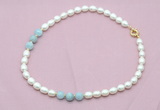 CFN335 9 - 10mm rice white freshwater pearl & aquamarine necklace wholesale