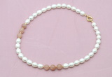 CFN336 9 - 10mm rice white freshwater pearl & moonstone necklace wholesale