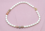 CFN337 9 - 10mm rice white freshwater pearl & rainbow moonstone necklace wholesale