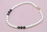 CFN338 9 - 10mm rice white freshwater pearl & golden obsidian necklace wholesale