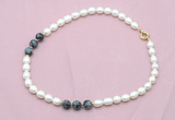 CFN339 9 - 10mm rice white freshwater pearl & snowflake obsidian necklace wholesale