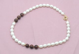 CFN340 9 - 10mm rice white freshwater pearl & mahogany obsidian necklace wholesale