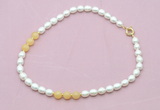 CFN342 9 - 10mm rice white freshwater pearl & honey jade necklace wholesale