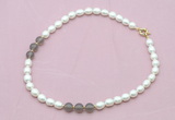 CFN343 9 - 10mm rice white freshwater pearl & grey agate necklace wholesale