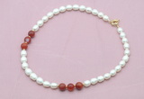 CFN344 9 - 10mm rice white freshwater pearl & red banded agate necklace wholesale