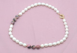 CFN345 9 - 10mm rice white freshwater pearl & rhodonite necklace wholesale