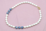 CFN350 9 - 10mm rice white freshwater pearl & blue spot stone necklace wholesale