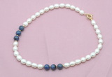 CFN351 9 - 10mm rice white freshwater pearl & dumortierite necklace wholesale