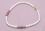 CFN353 9 - 10mm rice white freshwater pearl & pink wooden jasper necklace wholesale