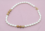 CFN355 9 - 10mm rice white freshwater pearl & picture jasper necklace wholesale