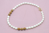 CFN356 9 - 10mm rice white freshwater pearl & wooden jasper necklace wholesale