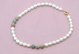 CFN357 9 - 10mm rice white freshwater pearl & serpentine jasper necklace wholesale