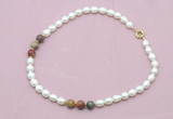 CFN360 9 - 10mm rice white freshwater pearl & picasso jasper necklace wholesale