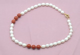 CFN361 9 - 10mm rice white freshwater pearl & red jasper necklace wholesale