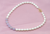 CFN401 9-10mm rice white freshwater pearl & lavender amethyst necklace