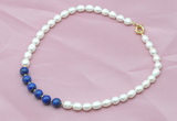 CFN403 9-10mm rice white freshwater pearl & lapis lazuli necklace