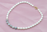 CFN404 9-10mm rice white freshwater pearl & grey banded agate necklace