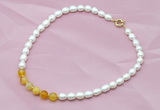 CFN405 9-10mm rice white freshwater pearl & yellow banded agate necklace