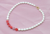 CFN406 9-10mm rice white freshwater pearl & red banded agate necklace