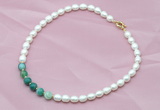 CFN407 9-10mm rice white freshwater pearl & green banded agate necklace