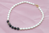 CFN408 9-10mm rice white freshwater pearl & black banded agate necklace