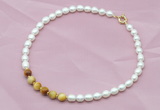 CFN409 9-10mm rice white freshwater pearl & golden tiger eye necklace