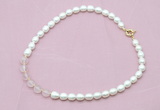 CFN414 9 - 10mm rice white freshwater pearl & rose quartz necklace