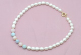 CFN415 9 - 10mm rice white freshwater pearl & morganite necklace