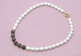 CFN416 9 - 10mm rice white freshwater pearl & smoky quartz necklace