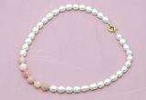 CFN417 9 - 10mm rice white freshwater pearl & pink opal necklace