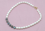 CFN418 9 - 10mm rice white freshwater pearl & labradorite necklace