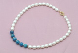 CFN419 9 - 10mm rice white freshwater pearl & apatite necklace