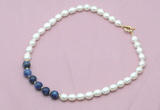 CFN420 9 - 10mm rice white freshwater pearl & sodalite necklace