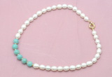 CFN421 9 - 10mm rice white freshwater pearl & amazonite necklace