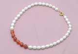 CFN424 9 - 10mm rice white freshwater pearl & fire agate necklace wholesale