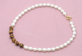 CFN426 9 - 10mm rice white freshwater pearl & yellow tiger eye necklace