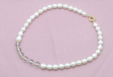 CFN431 9 - 10mm rice white freshwater pearl & white crystal necklace