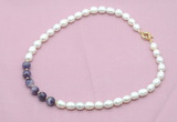 CFN433 9 - 10mm rice white freshwater pearl & dogtooth amethyst necklace