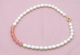 CFN434 9 - 10mm rice white freshwater pearl & cherry quartz necklace