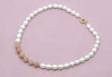 CFN436 9 - 10mm rice white freshwater pearl & moonstone gemstone necklace